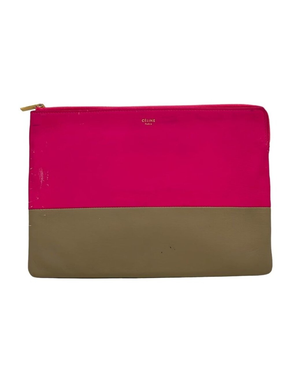 Celine Clutch Solo Pink Gray Beige Bicolor Leather